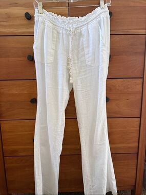 Roxy Oceanside White Elastic Waist Linen-Blend Pants Size XS